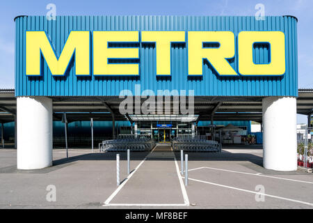 Entrance of a Metro cash & carry market. Metro cash & carry is the largest sales division of the German trade and retail giant Metro AG. Stock Photo