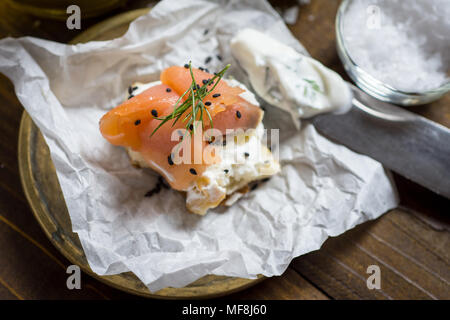 Smoked Salmon Canape with Cream Cheese, Fresh Dill and Black Sesame. Finger Food. Stock Photo