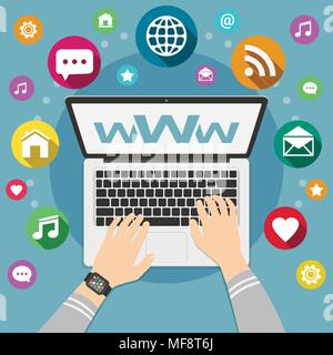 Man use laptop for web surfing. Flat style illustration. Social media network concept with laptop and network icons set Stock Vector