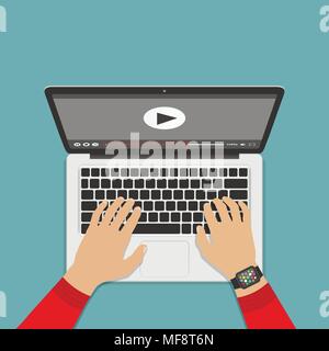 Hands on keyboard laptop. Watch video. Flat design, vector Stock Vector