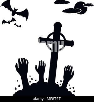 Halloween concept, zombie hands rising out from the ground on cemetery. Vector illustration. Stock Vector