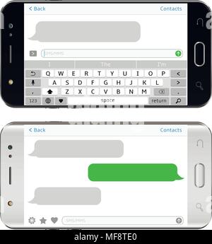 Smart phones with sms chat on screens. Horizontal phone positions. Vector illustration. Stock Vector