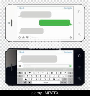 Black and white mobile phones with chatting sms app isolated on transparent background. Vector illustration. Stock Vector