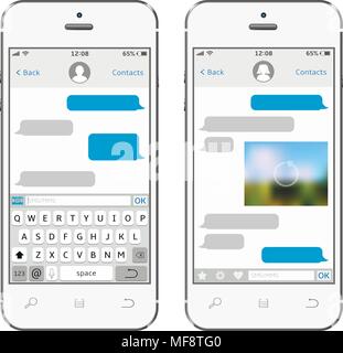 Two chat screens templates on white smartphones. Mobile app for talking. Isolated vector illustration Stock Vector