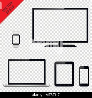 Various modern electronic devices with transparent screen isolated on transparent background. Vector illustration. Stock Vector