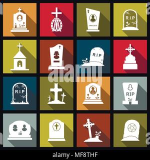 Cemetery crosses, tombstones and gravestones flat design icons set. Vector illustration. Stock Vector
