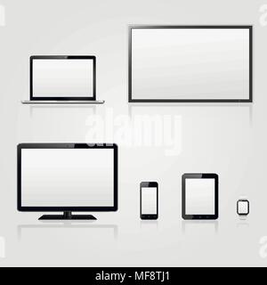 Modern technology devices - lcd tv screen, computer monitor, laptop, tablet, smart watch and mobile phone with blank screen Stock Vector