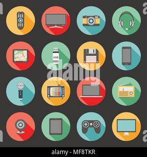 Technology colorful flat design icons with long shadow. Vector illustration. Stock Vector