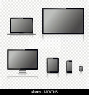 TV screen, lcd monitor, notebook, tablet computer, mobile phone, smart watch isolated on transparent background Stock Vector