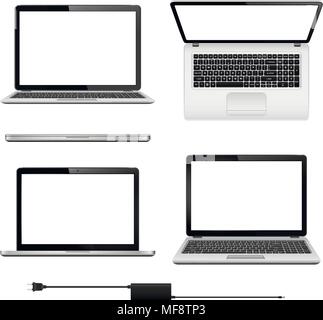 Set of laptops in different positions. Laptop with blank screen isolated on white background. Vector illustration. Stock Vector