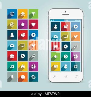 Modern smartphone with apps icons on soft background. Vector illustration. Stock Vector