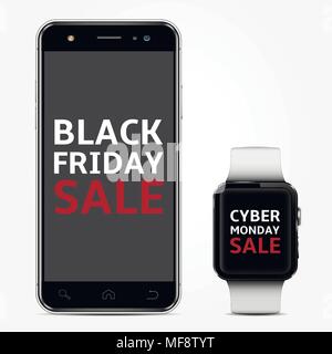 Smart phone and smart watch with black friday and cyber monday sale text. Isolated on white background. Vector illustration. Stock Vector