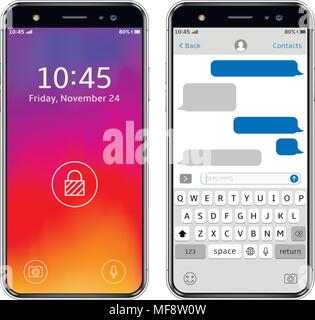 High detailed realistic smartphones, lock screen, chatting sms app template speech bubbles. Vector illustration. Stock Vector
