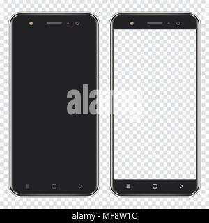 Realistic smartphones with blank screen and transparent screen isolated on transparent background. Vector illustration. Stock Vector