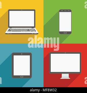Device Icons smart phone, tablet, laptop and desktop computer. Colorful device icons in flat style with shadow. Vector illustration. Stock Vector