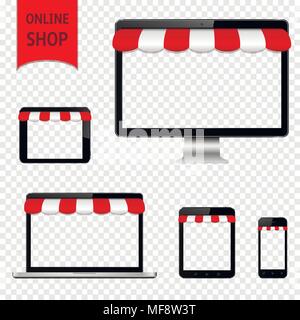 Mobile and online shop concept. Computer, laptop, smartphone and tablet with transparent screen and awning. Isolated on transparent background. Vector Stock Vector