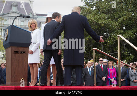 United States President Donald J. Trump, first lady Melania Trump, President Emmanuel Macron and Mrs. Brigitte Macron of France depart the podium during a state visit to The White House in Washington, DC, April 24, 2018. Credit: Chris Kleponis / Pool via CNP /MediaPunch Stock Photo