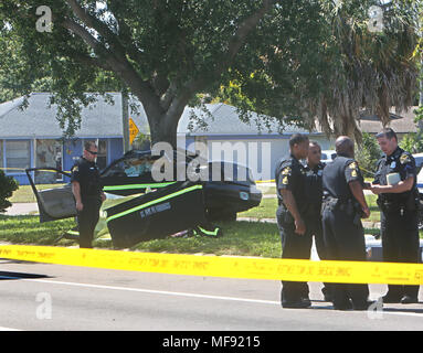 St. Petersburg, Florida, USA. 24th Apr, 2018. SCOTT KEELER | Times.St. Petersburg Police investigate the scene of a one car fatal crash, Tuesday, 4/24/18 on 54th Ave. South, just west of 16th Street South and Lakewood High School. One senior at the school was a killed and two injured in the crash just days before graduation. Credit: Scott Keeler/Tampa Bay Times/ZUMA Wire/Alamy Live News Stock Photo