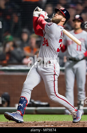 San Francisco, California, USA. 24th Apr, 2018. Washington Nationals right fielder Bryce Harper (34) watches his ball go foul, during a MLB baseball game between the Washington Nationals and the San Francisco Giants at AT&T Park in San Francisco, California. Valerie Shoaps/CSM/Alamy Live News Stock Photo