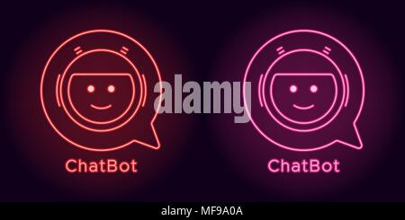 Neon Chat Bot in red and pink color. Vector illustration of virtual Chatbot with speech bubble consisting of neon outlines, with backlight on the dark Stock Vector