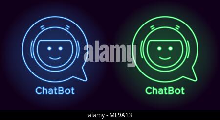 Neon Chat Bot in blue and green color. Vector illustration of virtual Chatbot with speech bubble consisting of neon outlines, with backlight on the da Stock Vector