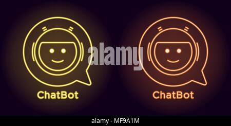 Neon Chat Bot in yellow and orange color. Vector illustration of virtual Chatbot with speech bubble consisting of neon outlines, with backlight on the Stock Vector