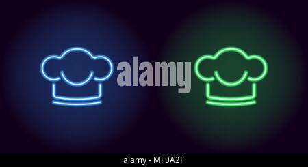 Neon Chef hat in blue and green color. Vector illustration of Chef hat consisting of neon outlines, with backlight on the dark background Stock Vector