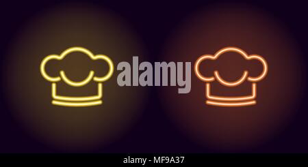 Neon Chef hat in yellow and orange color. Vector illustration of Chef hat consisting of neon outlines, with backlight on the dark background Stock Vector