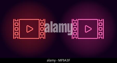 Neon cinema film in red and pink color. Vector illustration of cinema film with Play icon consisting of neon outlines, with backlight on the dark back Stock Vector