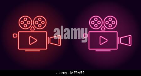 Neon cinema projector in red and pink color. Vector illustration of cinema projector with Play icon consisting of neon outlines, with backlight on the Stock Vector