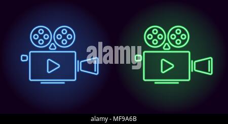 Neon cinema projector in blue and green color. Vector illustration of cinema projector with Play icon consisting of neon outlines, with backlight on t Stock Vector