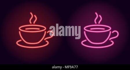 Neon cup and saucer in red and pink color. Vector illustration of Cup of tea or Cup of coffee consisting of neon outlines, with backlight on the dark  Stock Vector
