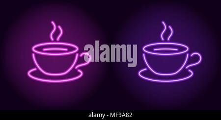 Neon cup and saucer in purple and violet color. Vector illustration of Cup of tea or Cup of coffee consisting of neon outlines, with backlight on the  Stock Vector