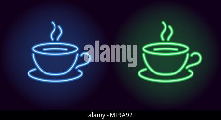 Neon cup and saucer in blue and green color. Vector illustration of Cup of tea or Cup of coffee consisting of neon outlines, with backlight on the dar Stock Vector