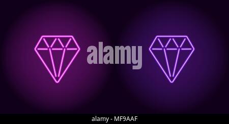 Neon diamond in purple and violet color. Vector illustration of diamond consisting of neon outlines, with backlight on the dark background Stock Vector