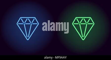 Neon diamond in blue and green color. Vector illustration of diamond consisting of neon outlines, with backlight on the dark background Stock Vector