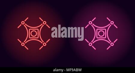 Neon drone in red and pink color. Vector illustration of quadrocopter consisting of neon outlines, with backlight on the dark background Stock Vector