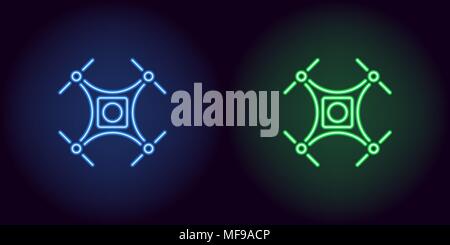 Neon drone in blue and green color. Vector illustration of quadrocopter consisting of neon outlines, with backlight on the dark background Stock Vector