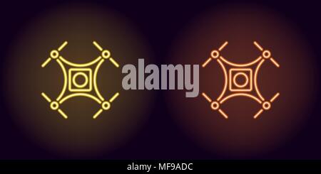 Neon drone in yellow and orange color. Vector illustration of quadrocopter consisting of neon outlines, with backlight on the dark background Stock Vector