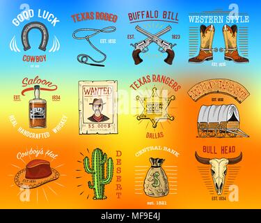 Cowboy set badges. Wild west, rodeo or indians with lasso. hat and gun, sheriff star, boot with horseshoe. engraved hand drawn in old sketch or and vintage style. and labels for prints. logo or emblem Stock Vector