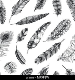 Seamless pattern. Rustic realistic feathers of different birds, owls, peacocks, ducks. engraved hand drawn in old vintage sketch. Vector illustration. Stock Vector