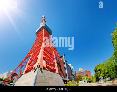 View to Tokyo tower in summer on blue sky background Stock Photo