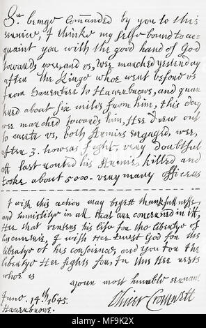 Facsimile of a portion of the letter written by Oliver Cromwell to William Lenthall, Speaker of the House of Commons, announcing the victory at The Battle of Naseby in 1645.   From Old England: A Pictorial Museum, published 1847. Stock Photo