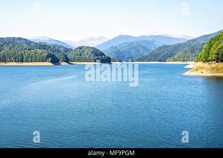 Daylight view to Vidraru lake in Carpathian Mountains. Bright blue sky and green trees. Negative copy space, place for text. Transfagarasan, Romania Stock Photo