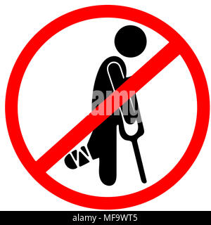 temporarily injured man in bandage with crutches prohibition red circle road sign isolated on white background Stock Photo