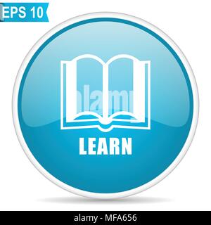 Learn blue glossy round vector icon in eps 10. Editable modern design internet button on white background. Stock Vector