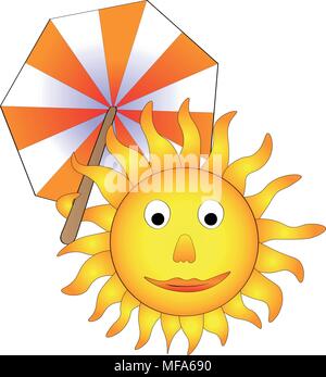 Vector illustration, happy smiling sun with parasol, funny concept of summer's coming Stock Vector