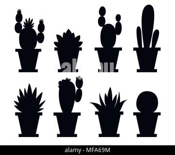 Black silhouette. Set of flower and decorative cactus. Home plants cactus in pots and with flowers. A variety of decorative floral. Vector illustratio Stock Vector