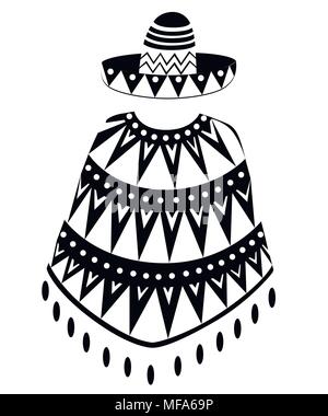 Black silhouette. Sombrero cartoon mexican hat and poncho man silhouette. Decorated vintage party symbol. Vector illustration isolated on white backgr Stock Vector