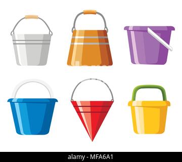 Set of buckets. A variety of bucket. Colored containers for water or sand. Cartoon style design. Vector illustration isolated on white background. Web Stock Vector
